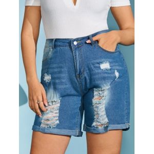 

Distressed Cuffed Hem Plus Size Denim Shorts, Blue