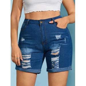 

Distressed Cuffed Hem Plus Size Denim Shorts, Deep blue
