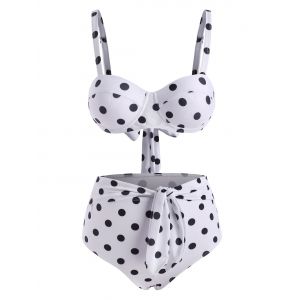 

Polka Dot Underwire Belted High Waisted Bikini Swimwear, White