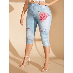 

Plus Size 3D Jean Print Flower Cropped Jeggings, White