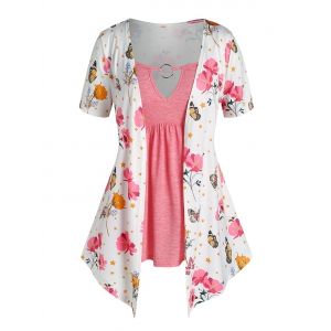 

Plus Size O Ring Butterfly Flower Print 2 in 1 T Shirt, Multi