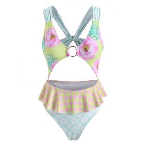 

Flower Star Twisted O Ring Cutout Peplum One-piece Swimsuit, Multi
