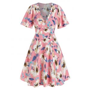 Flower Printed Buttons Asymmetric Dress, Light pink