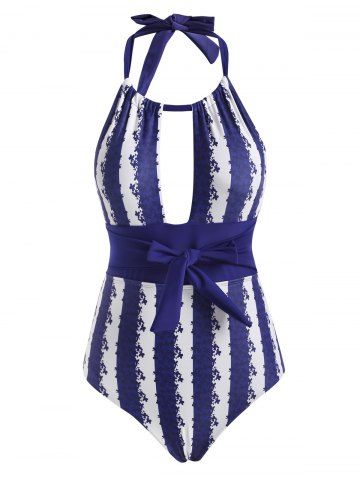 Striped Floral Cutout Halter Backless One-piece Swimsuit - DEEP BLUE - L
