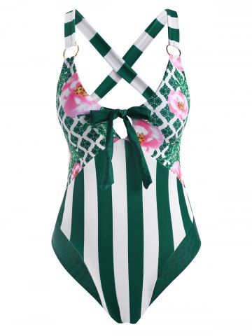 Flower Striped Leopard O Ring Bowknot Criss Cross One-piece Swimsuit - DEEP GREEN - S