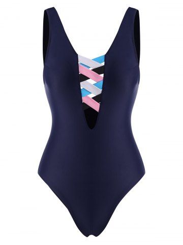 Open Back Colorblock Criss Cross One-piece Swimsuit - DEEP BLUE - M