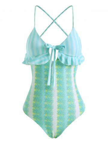 Striped Floral Lace Up Bowknot Ruffle One-piece Swimsuit - MULTI - L
