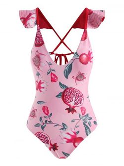Flower Pomegranate Criss Cross Ruffle One-piece Swimsuit - LIGHT PINK - XL