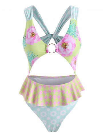 Flower Star Twisted O Ring Cutout Peplum One-piece Swimsuit - MULTI - L