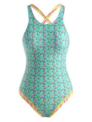 Floral Speckled Backless Lace Up Swimsuit de una sola pieza - LIGHT GREEN - S