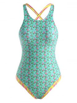 Floral Speckled Backless Lace Up One-piece Swimsuit - LIGHT GREEN - M