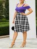 Plus Size Knitted Cross Panel Plaid Flare Dress -  