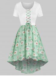 Floral Print Chiffon Insert Lace-up High Low Twofer Dress -  