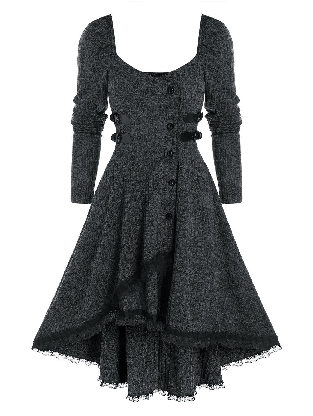 

Mock Button Lace Trim Ribbed High Low Dress, Carbon gray