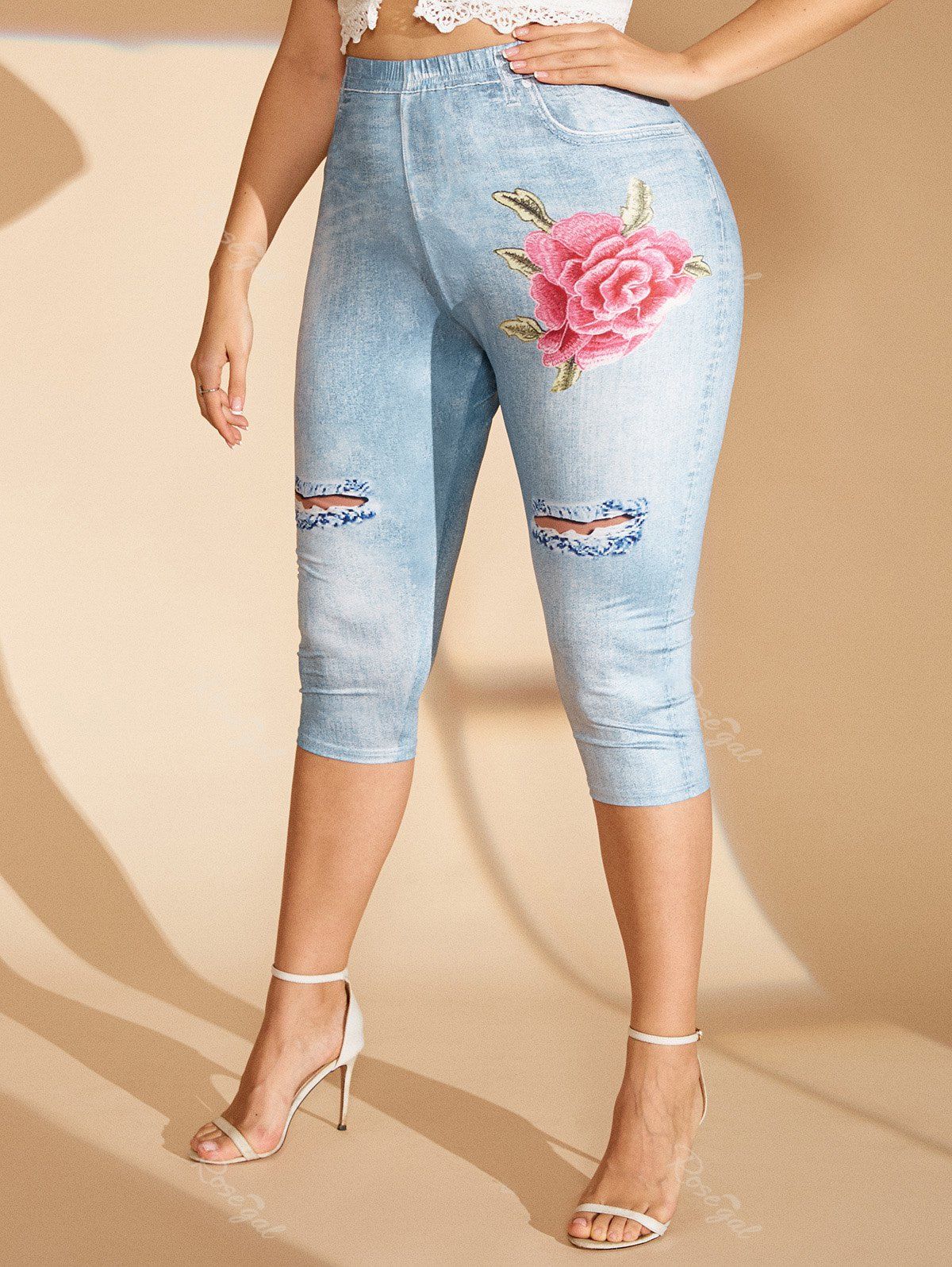 New Plus Size 3D Jean Print Flower Cropped Jeggings  