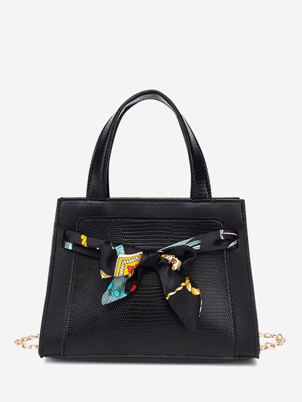 

Lizard Embossed Scarf Bowknot Tote Bag, Black