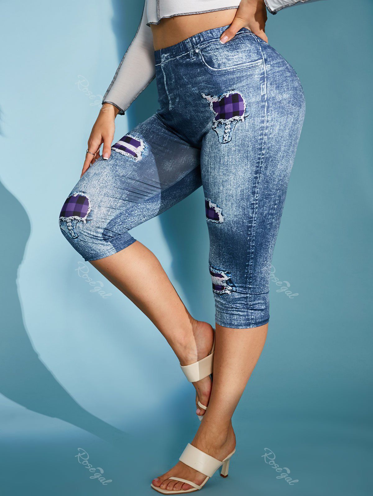 Fashion Plus Size 3D Ripped Jean Print Capri Skinny Jeggings  