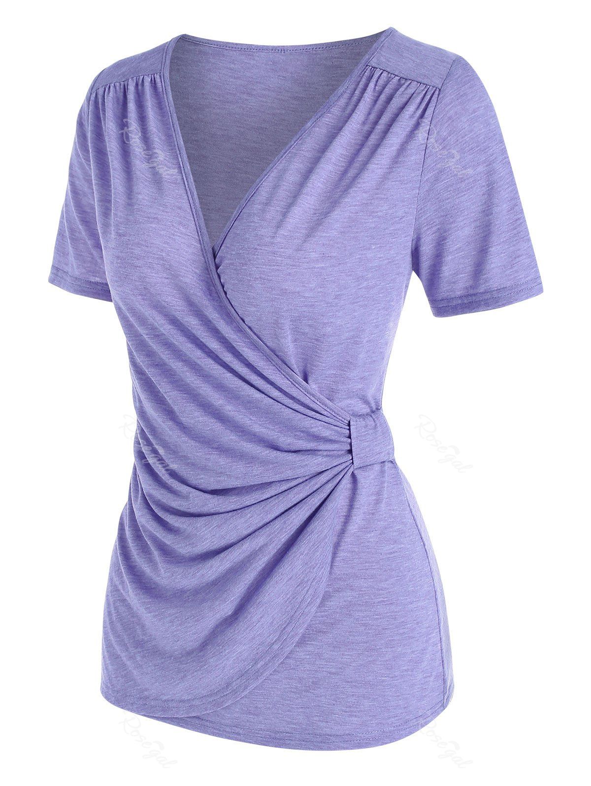 Hot Short Sleeve Ruched Heathered Surplice T-shirt  