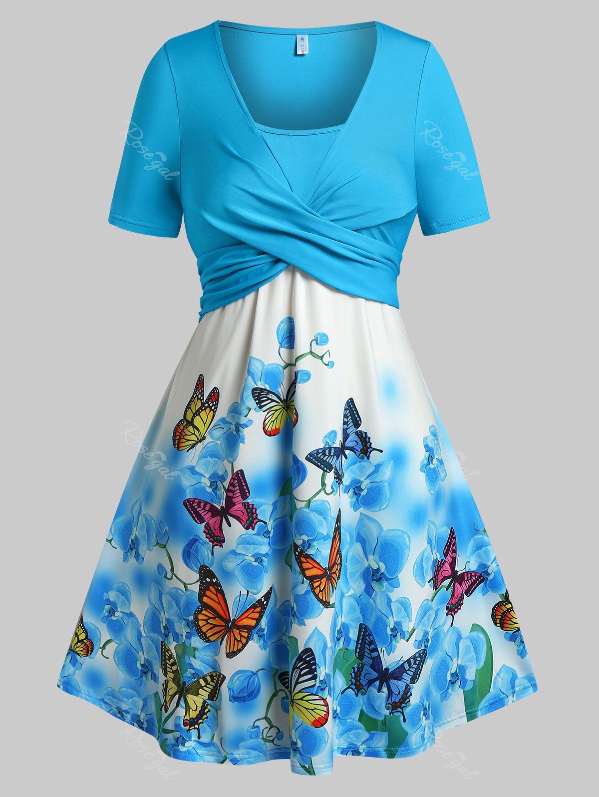 

Plus Size Butterfly Floral Print Crossover Dress, Blue