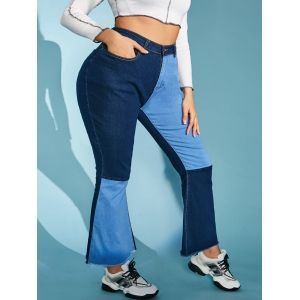 

Plus Size Contrast Two Tone Frayed High Rise Flare Jeans, Blue