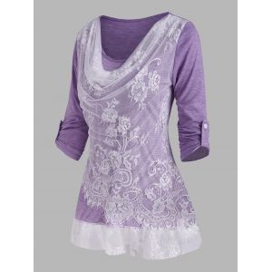 

Lace Panel Cowl Front Roll Up Sleeve T Shirt, Purple