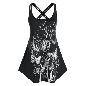 

Plus Size Butterfly Branch Print Lace Crochet Crisscross Tank Top, Black