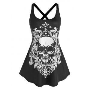 

Plus Size Skull Pattern Cross Back Tank Top, Black