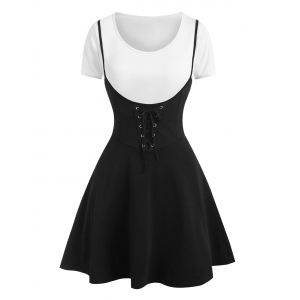 

Two Tone Lace Up Two Piece Suspender Skirt Set, Black