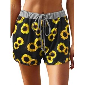 

Drawstring Contrast Waistband Sunflower Print Shorts, Black