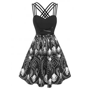 

Strappy Crisscross Printed Flare Dress, Black