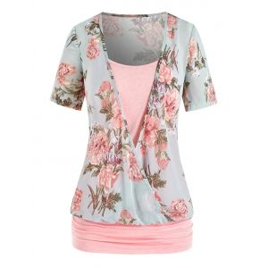 

Plus Size Faux Twinset Floral Print Ruched Blouse, Multi