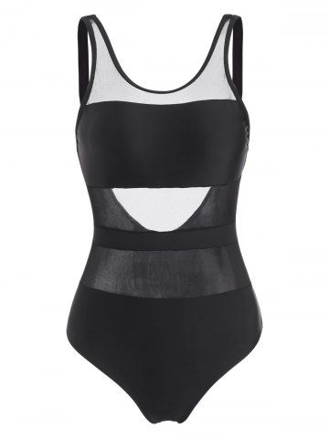 Backless Mesh Insert One-piece Swimsuit - BLACK - S