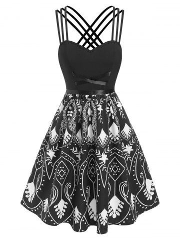 Strappy Crisscross Printed Flare Dress - BLACK - XL
