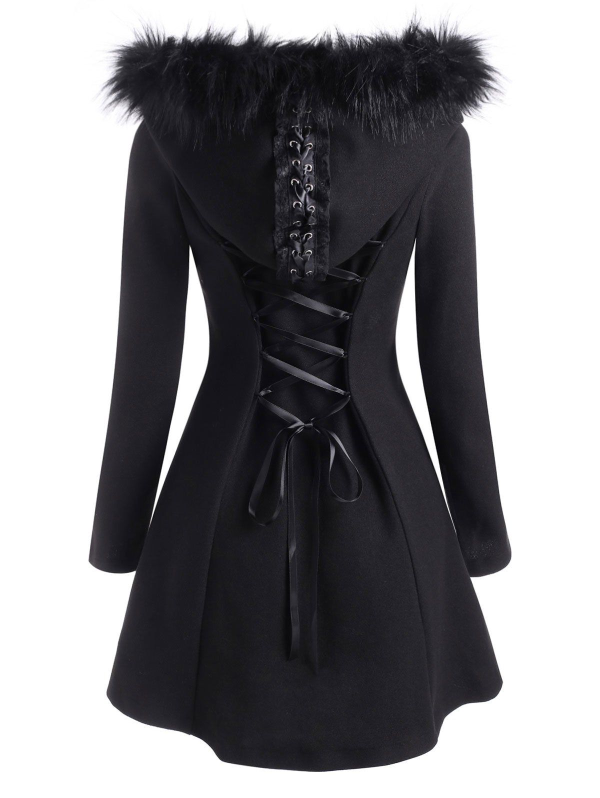 

Lace Up Faux Fur Hooded Button Up Coat, Black
