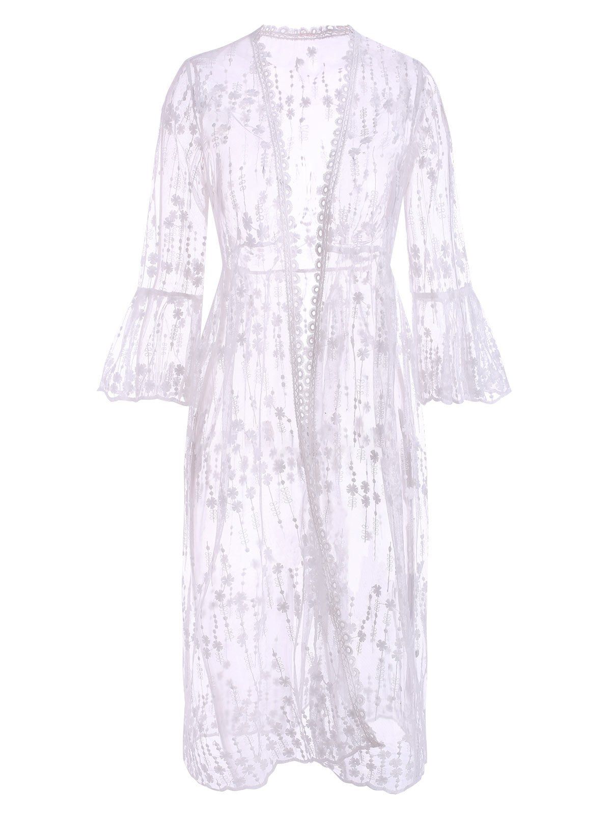 

Floral Sheer Mesh Flare Sleeve Beach Cover Up, White
