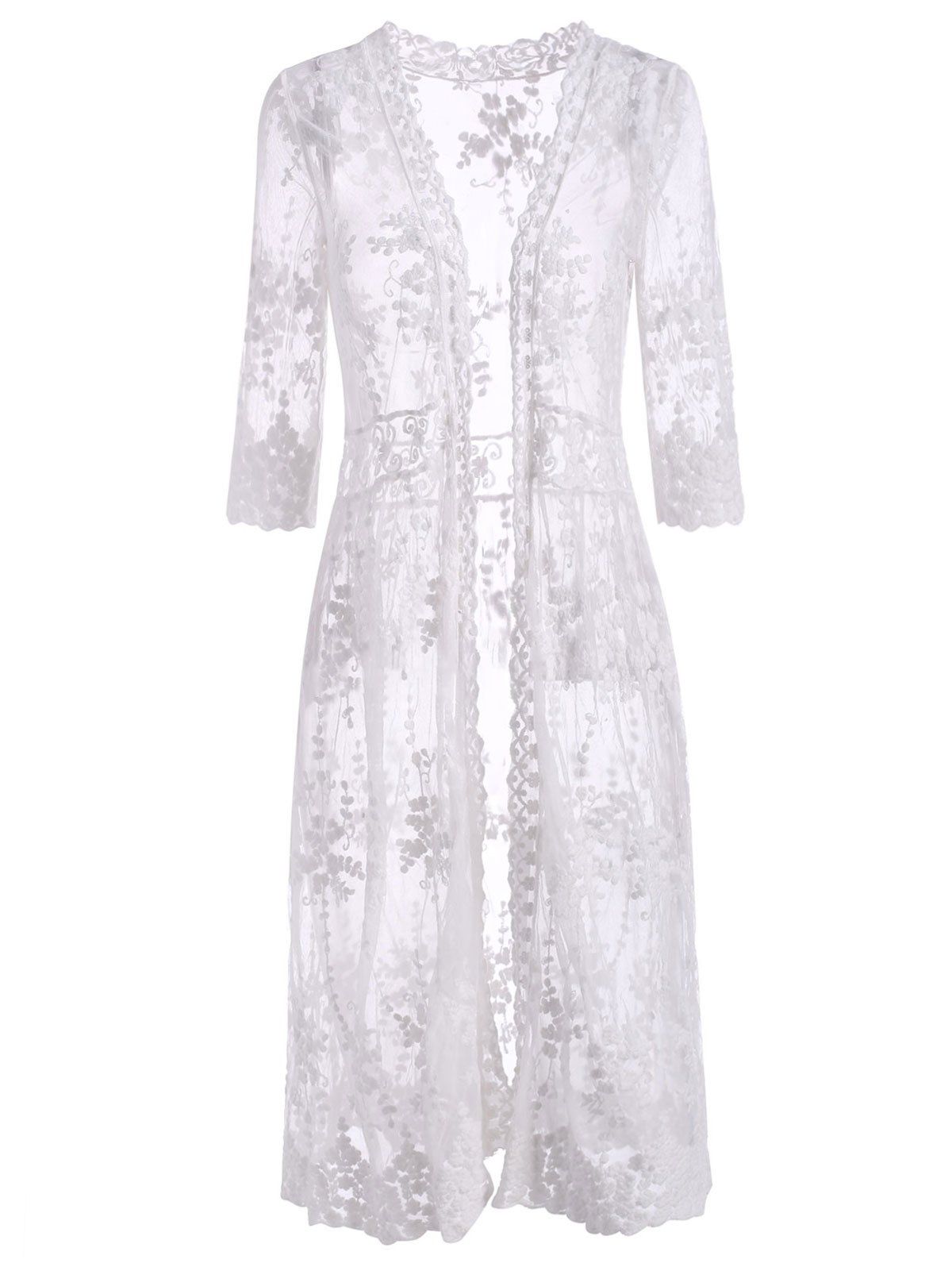 

Floral Sheer Mesh Open Front Beach Cover Up, White