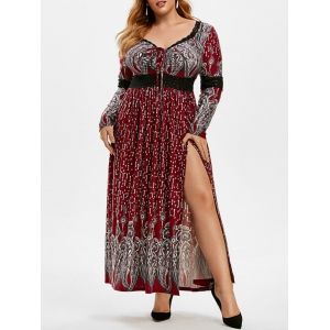 

Plus Size Lace Insert Lace-up Slit Maxi Dress, Red wine