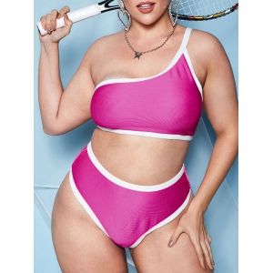 

Plus Size Contrast Piping One Shoulder Padded Ribbed Bikini Set, Light pink