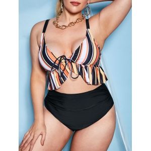 

Plus Size Colorful Striped Ruffle Ruched Bikini Swimwear, Black
