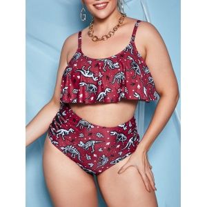

Plus Size Dinosaur Print Mesh Panel Crisscross Bikini Swimwear, Deep red