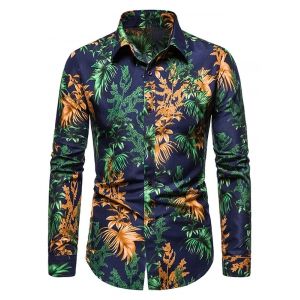 

Tropical Leaves Print Long Sleeve Shirt, Midnight blue