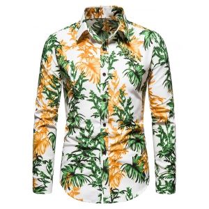 

Tropical Leaves Print Long Sleeve Shirt, White