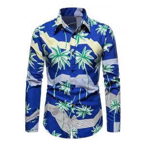 

Palm Tree Striped Print Long Sleeve Shirt, Cobalt blue