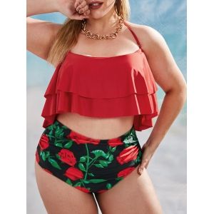 

Plus Size Halter Rose Print Layered Flounce Ruched Tankini Swimwear, Red
