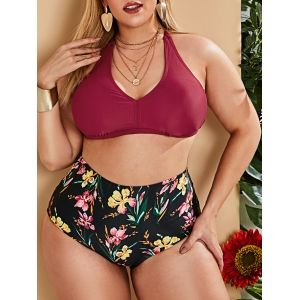 

Plus Size Halter Floral Print Padded Bikini Set, Deep red
