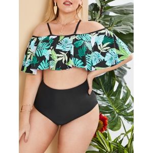 

Plus Size Tropical Print Flounced Padded Tankini Set, Deep green