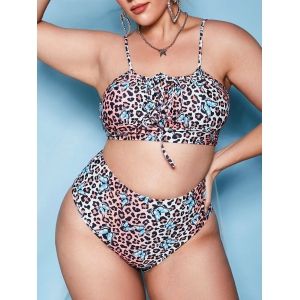 

Plus Size Tie Leopard Butterfly Print Bikini Swimwear, Coffee