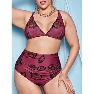

Plus Size Snake Print Ruched Triangular Bikini Swimwear, Deep red