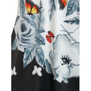 

Plus Size Cold Shoulder Butterfly Floral Print Lace Panel Tee, Black