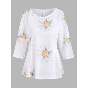 

Sunflower Print Ruched Waist Chiffon Blouse, White